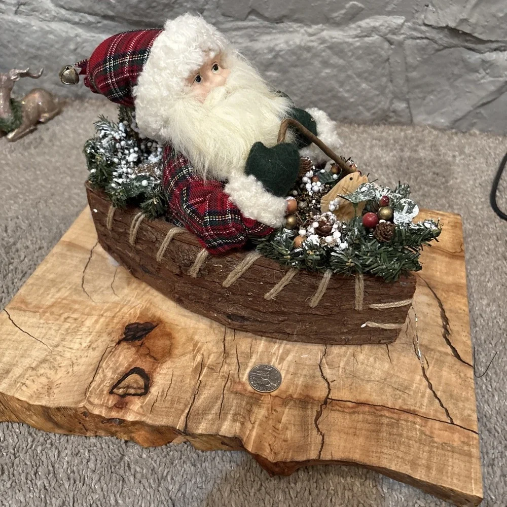 Santa Claus Figurine In Canoe‎ With Gifts Rustic Winter Decor